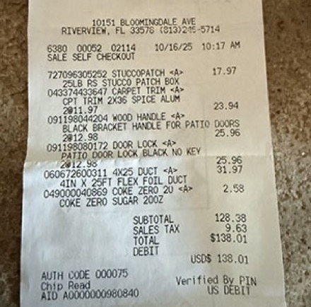 Photo of a supply house receipt showing line items and prices.